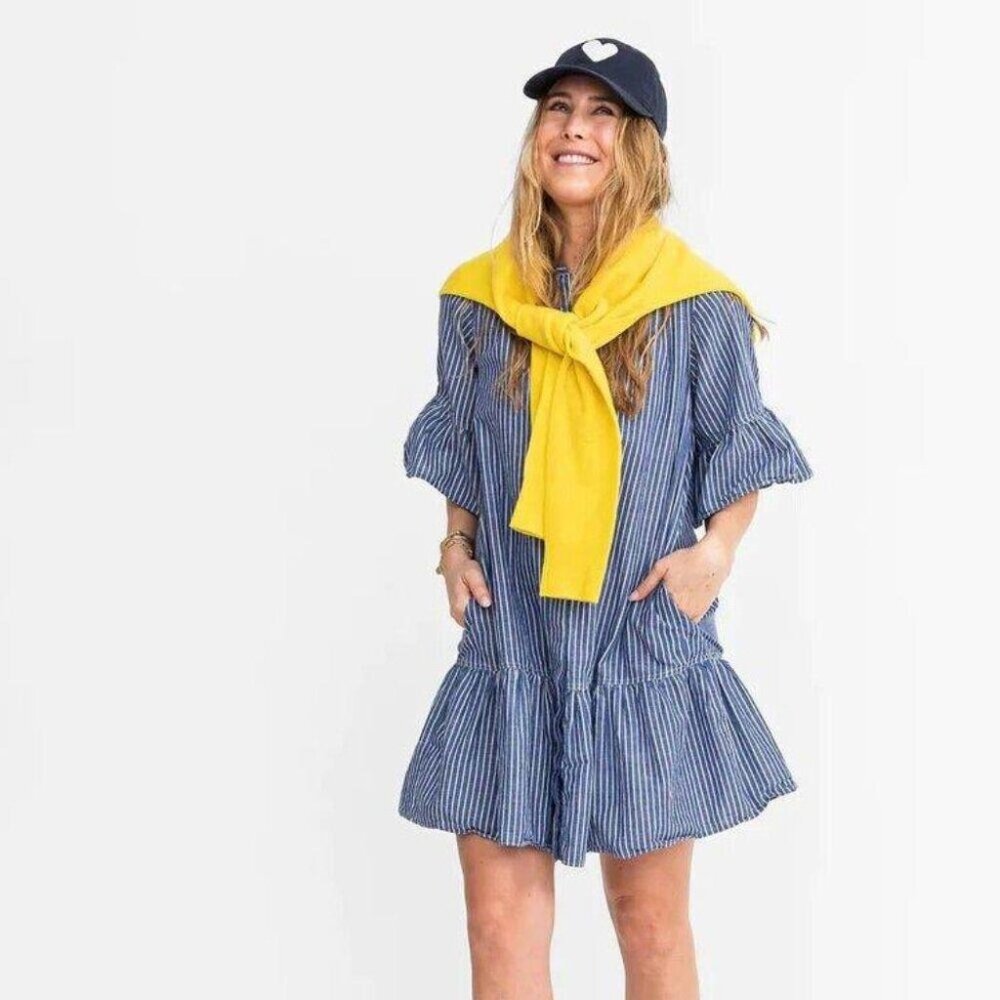 Kerri Rosenthal Women’s Blue Striped Mini Dress with Yellow Accent